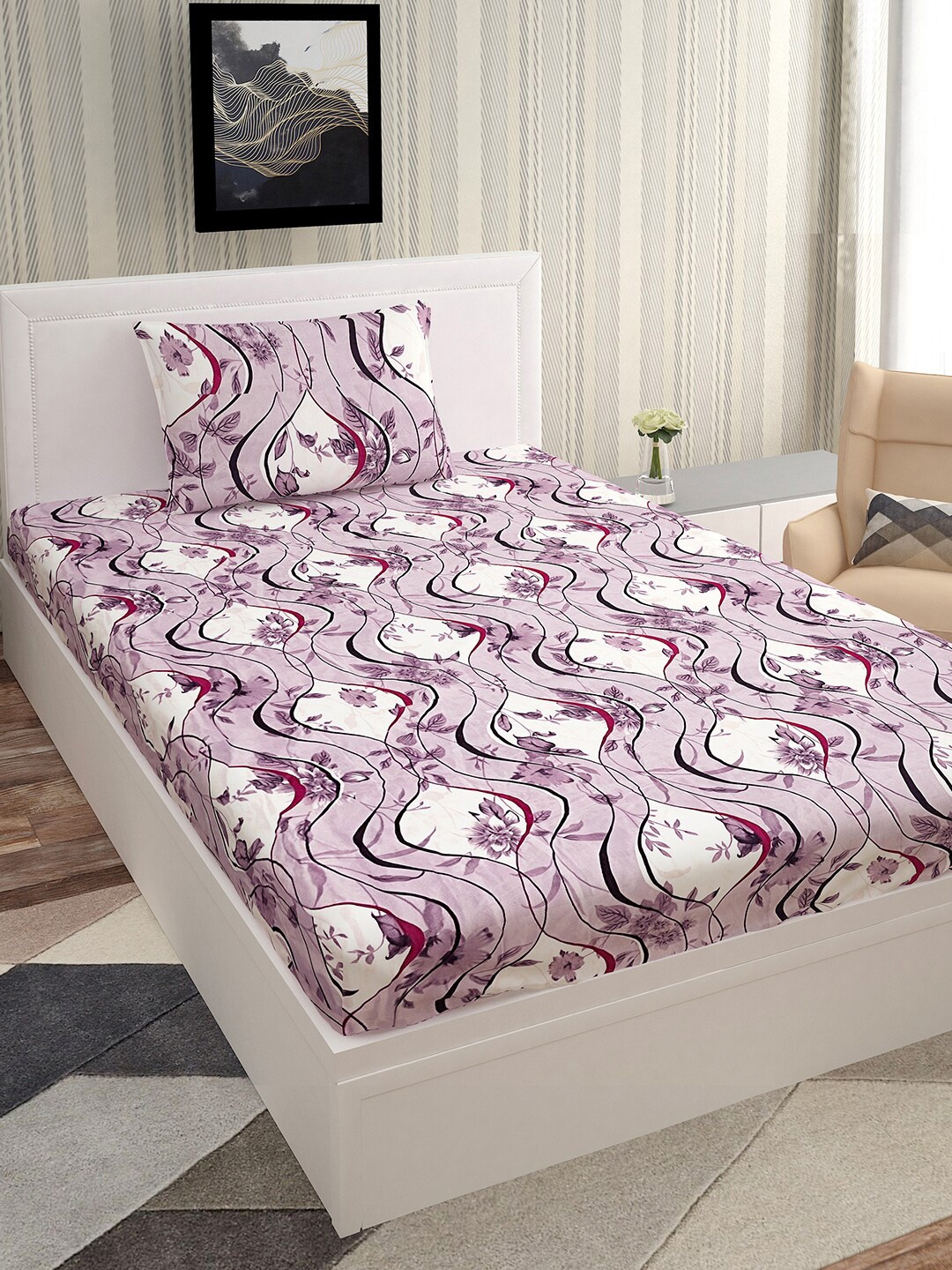 

Urban Magic White & Lavender Floral 160 TC Single Bedsheet with 1 Pillow Cover