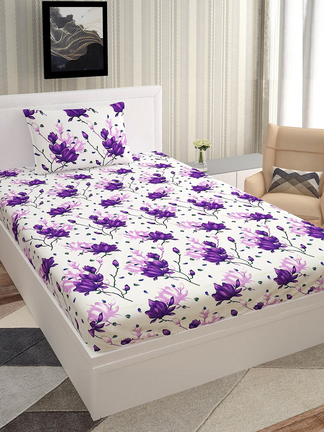 

Urban Magic White & Purple Floral 128 TC Single Bedsheet with 1 Pillow Cover