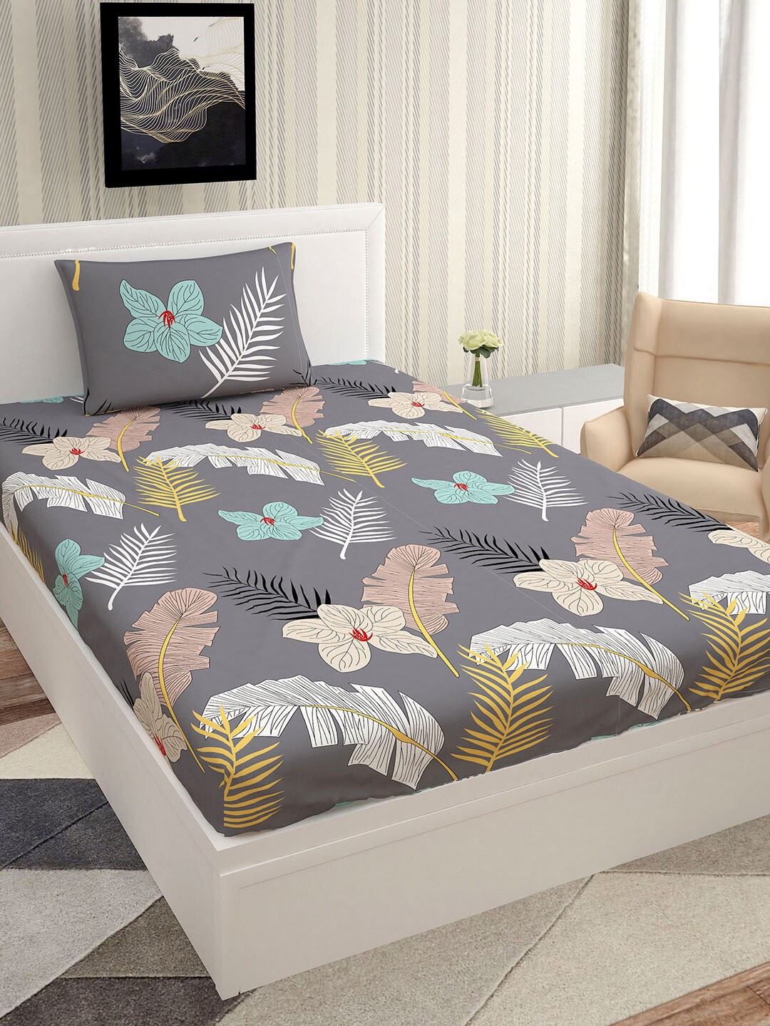 

Urban Magic Grey & Blue Floral 130 TC Single Bedsheet with 1 Pillow Covers