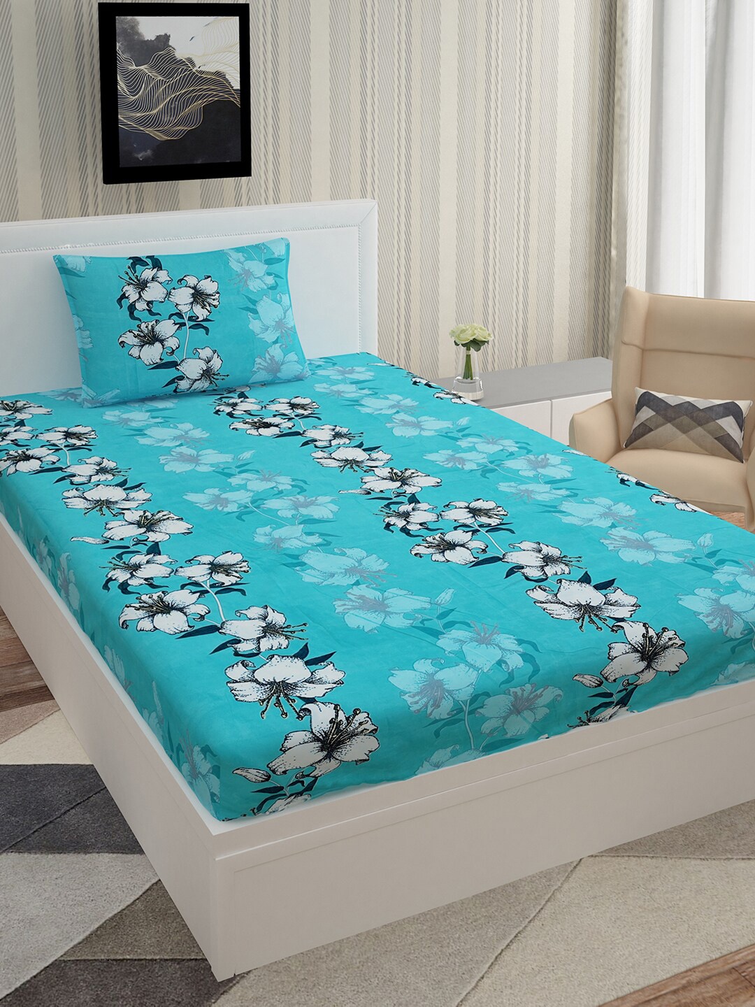 

Urban Magic Blue & White Floral 160 TC Single Bedsheet with 1 Pillow Covers
