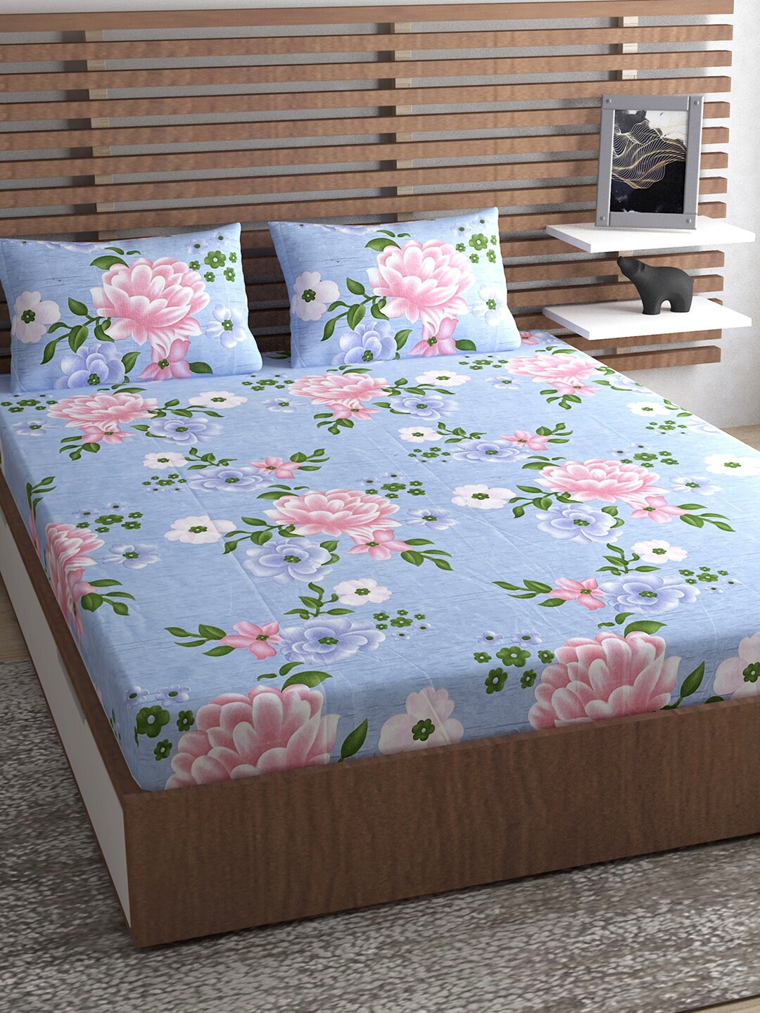 

Urban Magic 130 TC Blue & Pink Floral Queen Bedsheet with 2 Pillow Covers