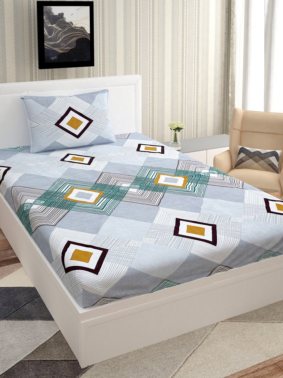 

Urban Magic Blue & White Geometric 140 TC Single Bedsheet with 1 Pillow Covers