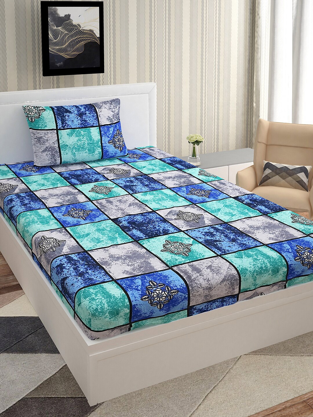 

Urban Magic 130 TC Blue & Grey Geometric Queen Bedsheet with 1 Pillow Cover