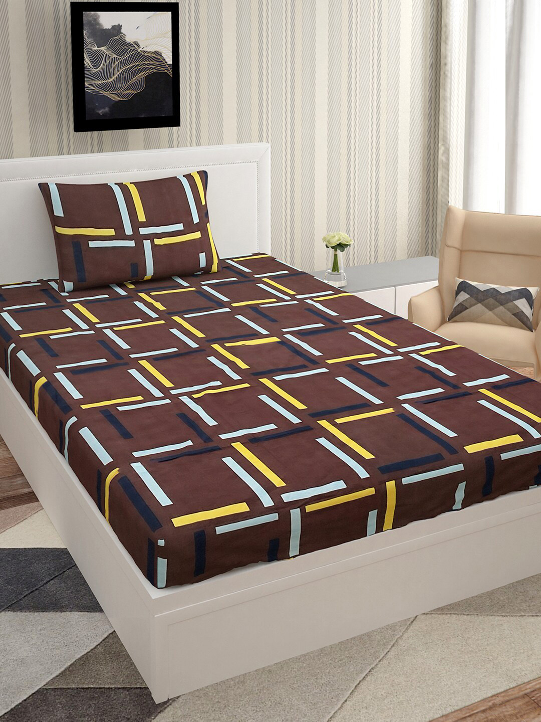 

Urban Magic Brown & White Geometric 140 TC Single Bedsheet with 1 Pillow Covers