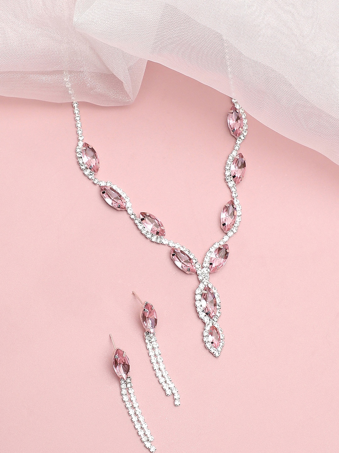 

SOHI Women Silver-Plated White & Pink Stone Studded Jewellery Set