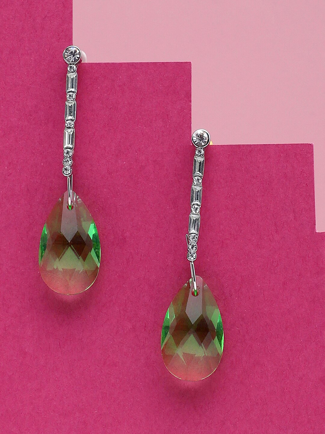 

SOHI Women Silver-Toned & Green Contemporary Drop Earrings