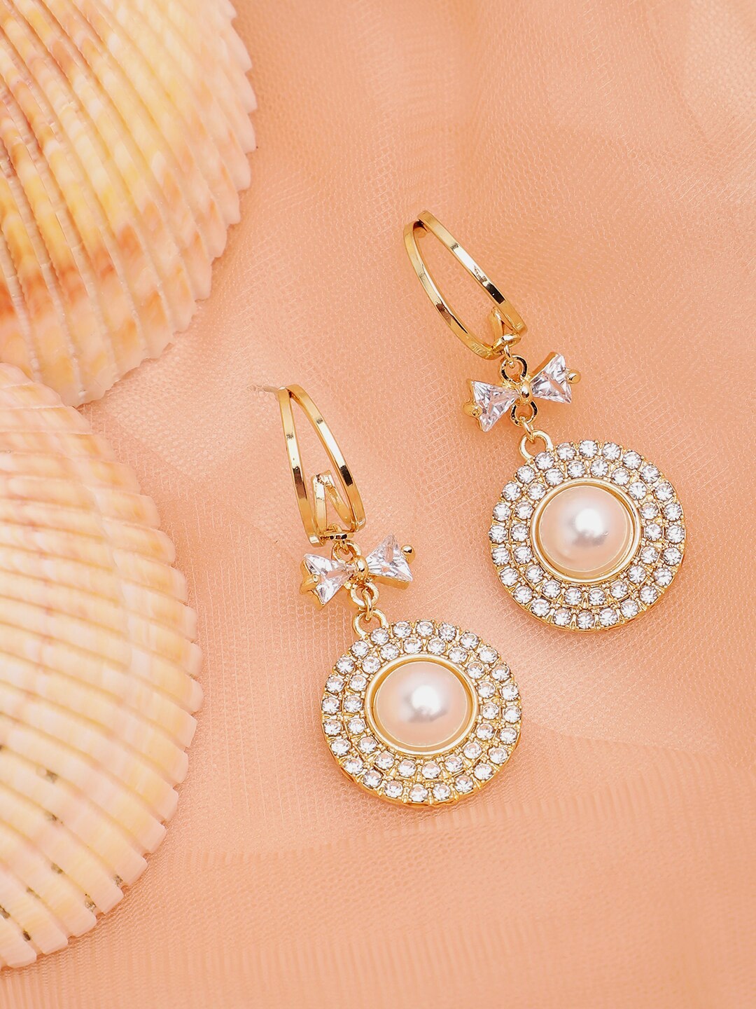 

SOHI Gold-Plated & White Pearls Contemporary Half Hoop Earrings