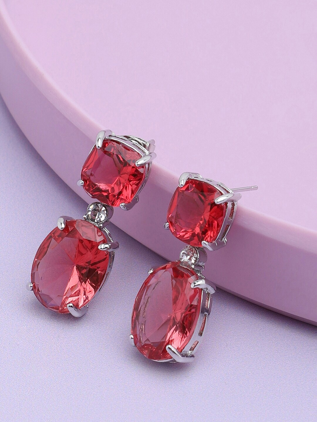 

SOHI Pink & Silver Plated Contemporary Drop Earrings