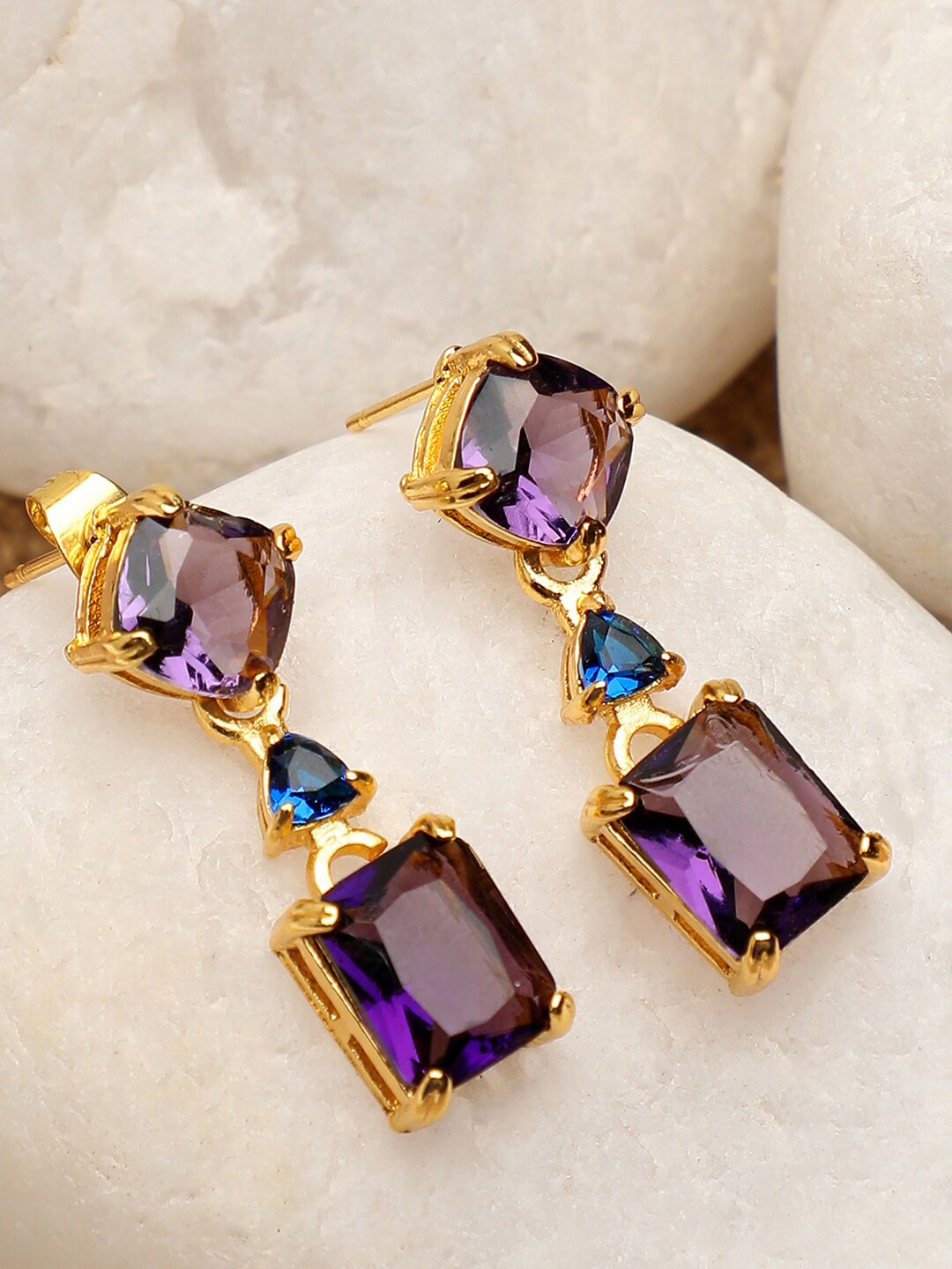

SOHI Purple & Gold-Toned Contemporary Drop Earrings