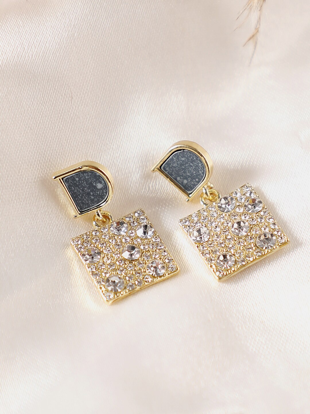 

SOHI Women Gold Plated Grey & White Square Drop Earrings