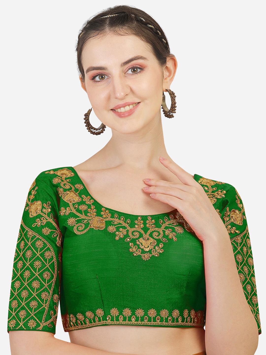 

PUJIA MILLS Women Embroidered Green Silk Saree Blouse