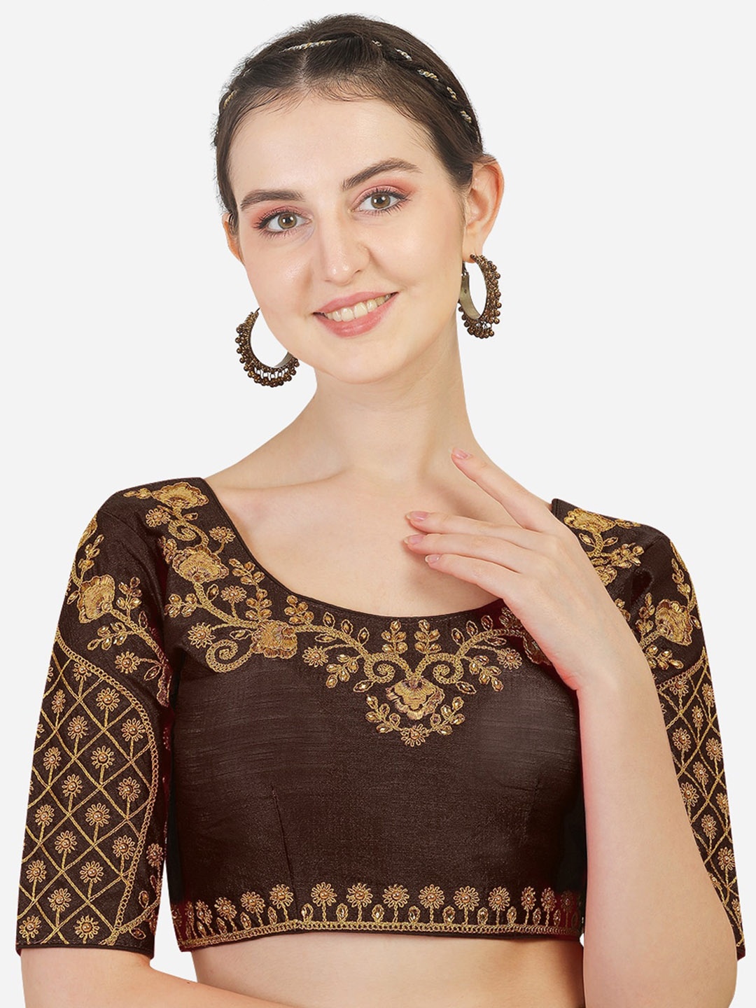 

PUJIA MILLS Coffee Brown Embroidered Saree Blouse