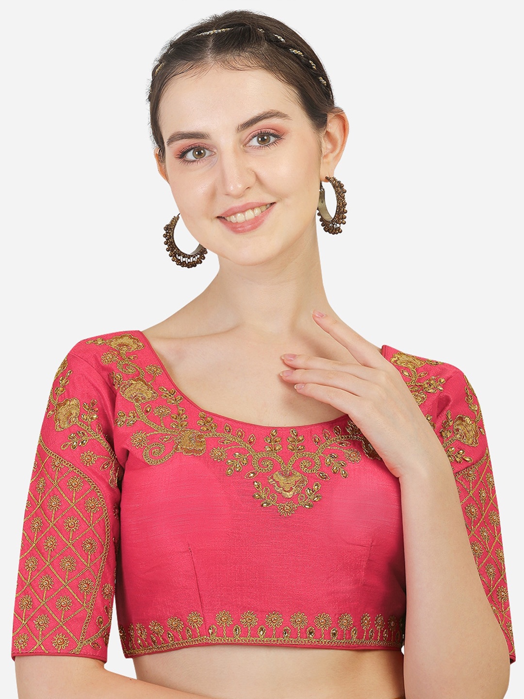 

PUJIA MILLS Pink Embroidered Saree Blouse