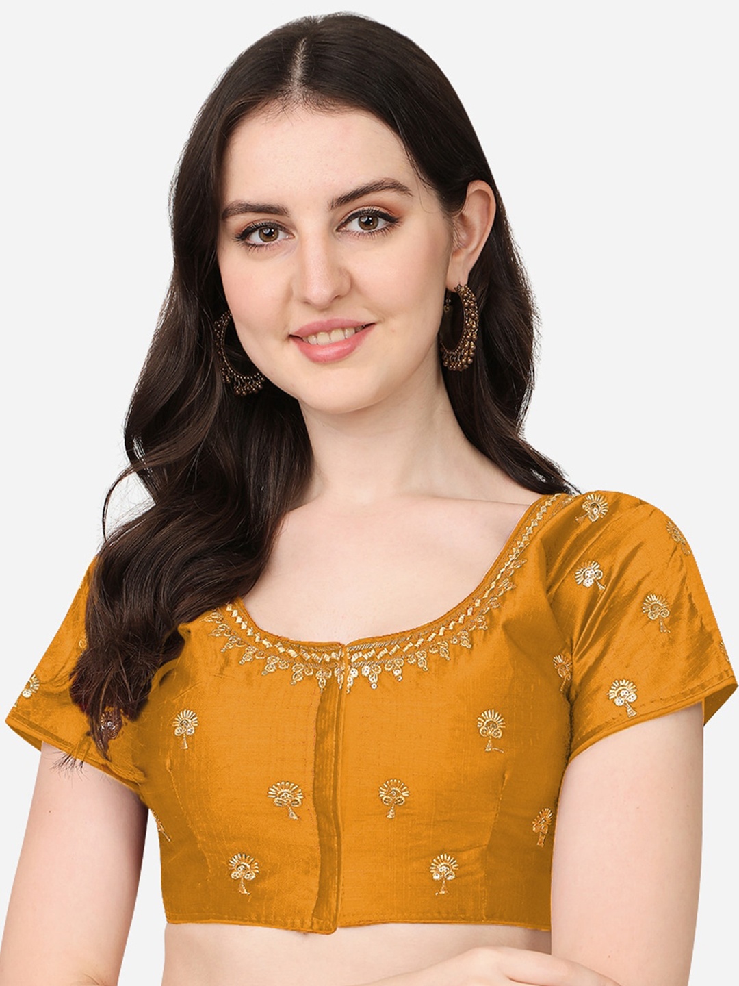

PUJIA MILLS Yellow Embroidered Readymade Silk Saree Blouse