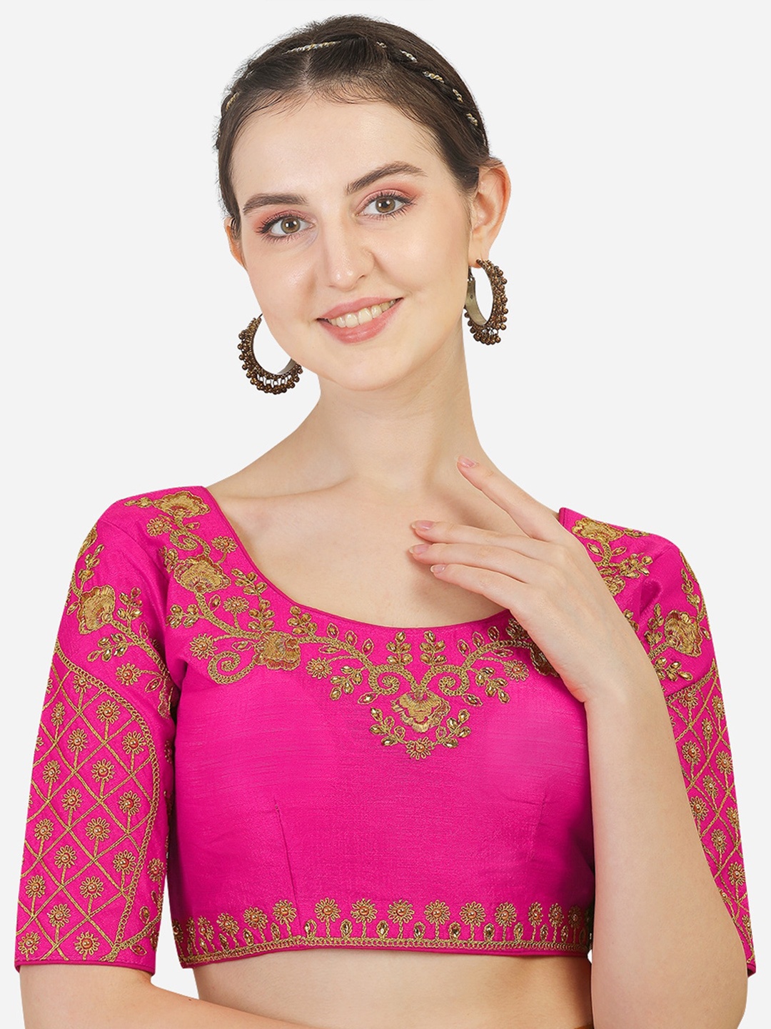 

PUJIA MILLS Pink Embroidered Silk Saree Blouse