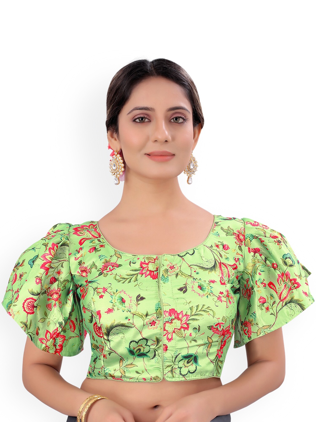 

PUJIA MILLS Women Pista Green & Pink Floral Printed Saree Blouse, Lime green