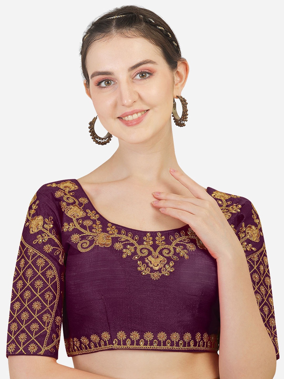

PUJIA MILLS Violet-Colored Embroidered Saree Blouse
