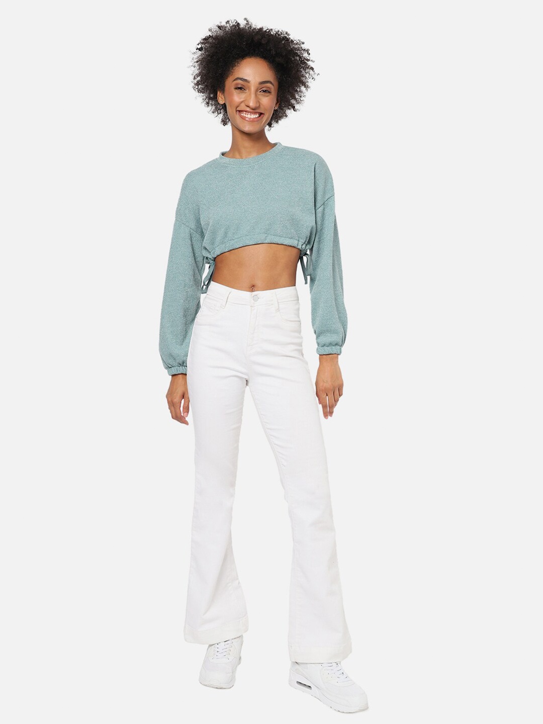 

Campus Sutra Women Sea Green Crop Sweatshirt