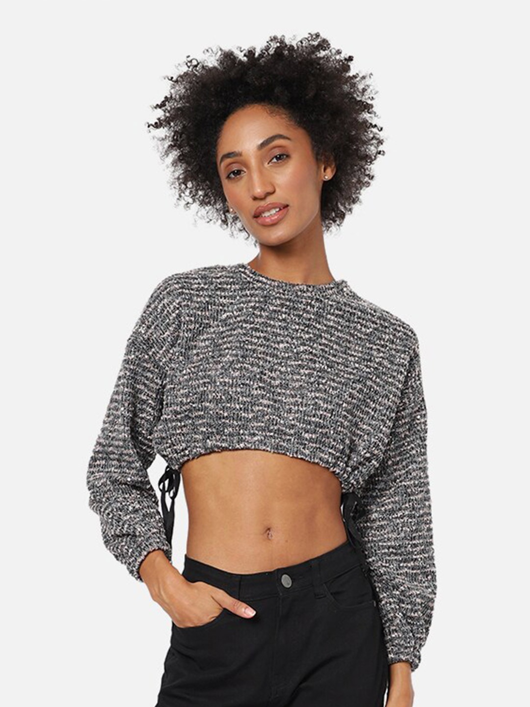 

Campus Sutra Women Charcoal Crop Kimono Sweatshirt