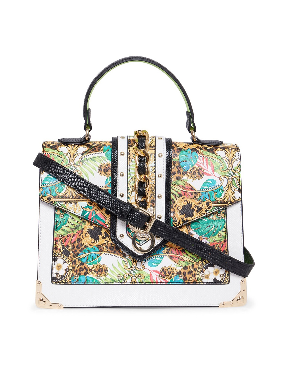 

ALDO Orange Floral Printed Embellished PU Structured Satchel