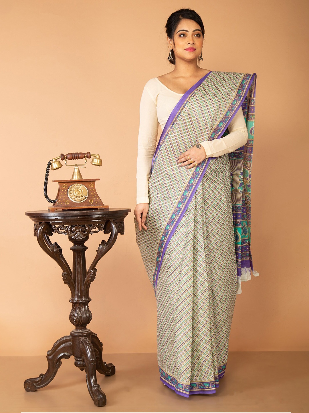 

Unnati Silks White & Purple Ethnic Motifs Pure Cotton Kovai Saree