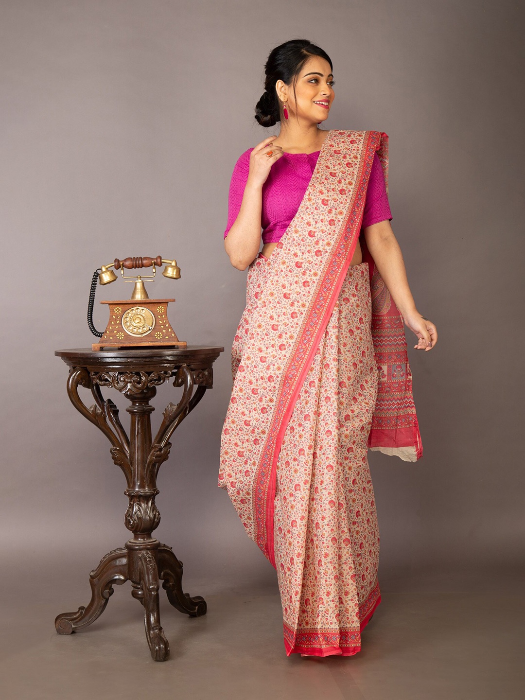 

Unnati Silks White & Pink Floral Pure Cotton Kovai Saree
