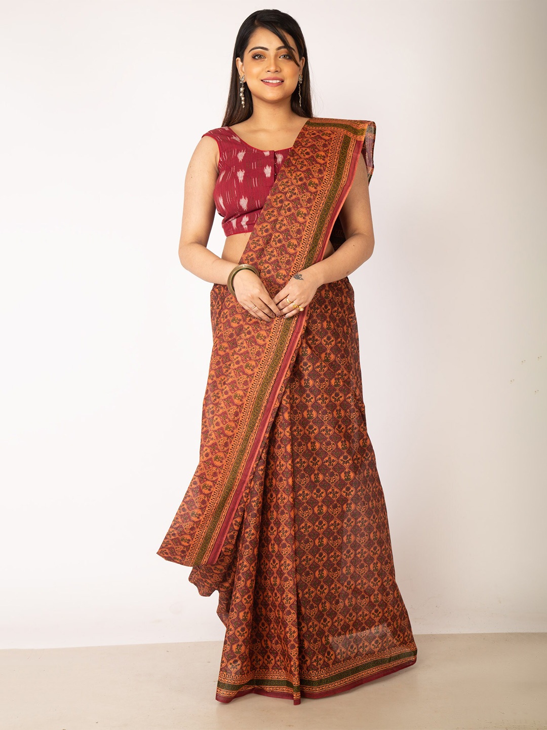 

Unnati Silks Maroon & Orange Ethnic Motifs Printed Pure Cotton Kovai Saree