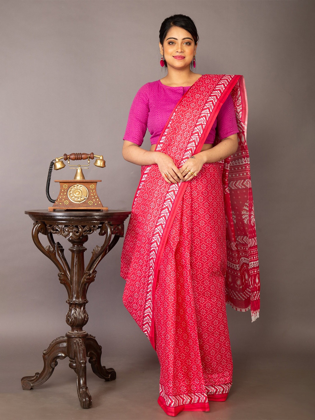 

Unnati Silks Pink & White Floral Pure Cotton Kovai Saree