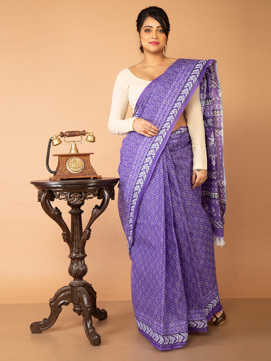 

Unnati Silks Purple & Off White Floral Printed Pure Cotton Saree