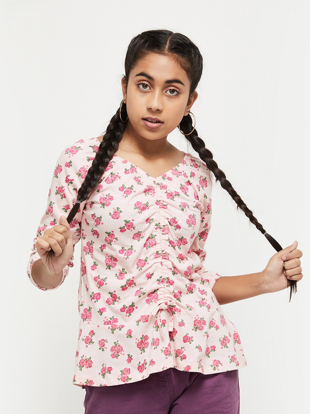

max Girls Pink Floral Printed Pure Cotton Peplum Top