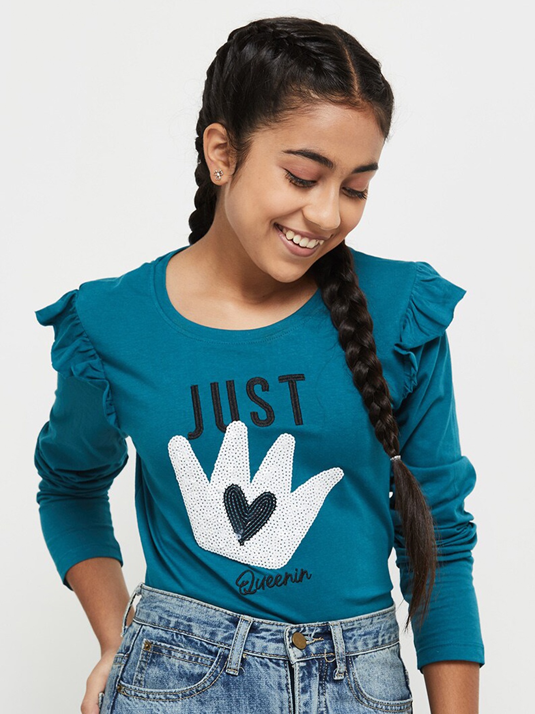 

max Teal & Black Printed Pure Cotton Top