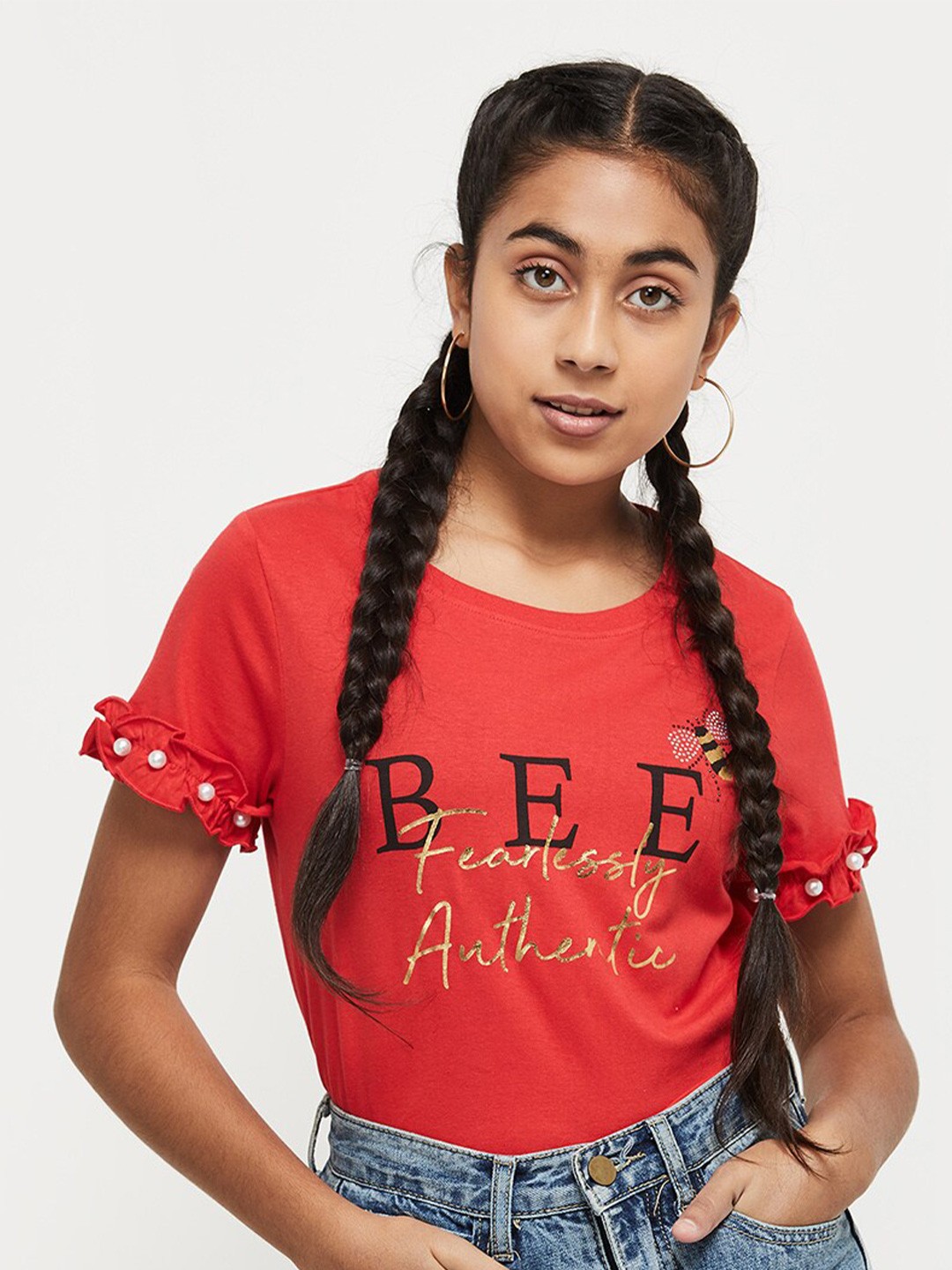

max Girls Red Typography Printed Ruffles Pure Cotton Top