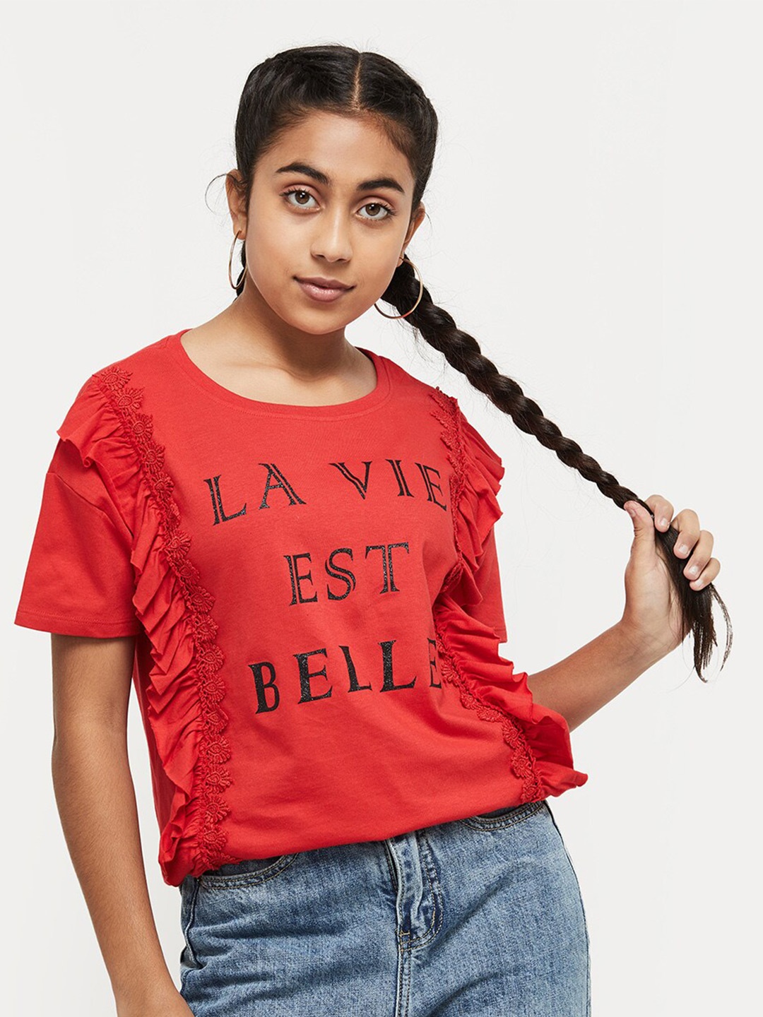 

max Girls Red Printed Pure Cotton Top