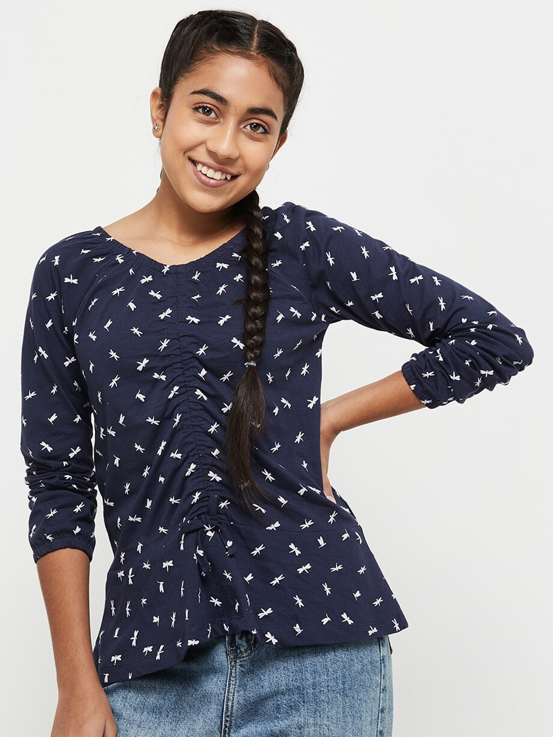 

max Blue Printed Pure Cotton Top