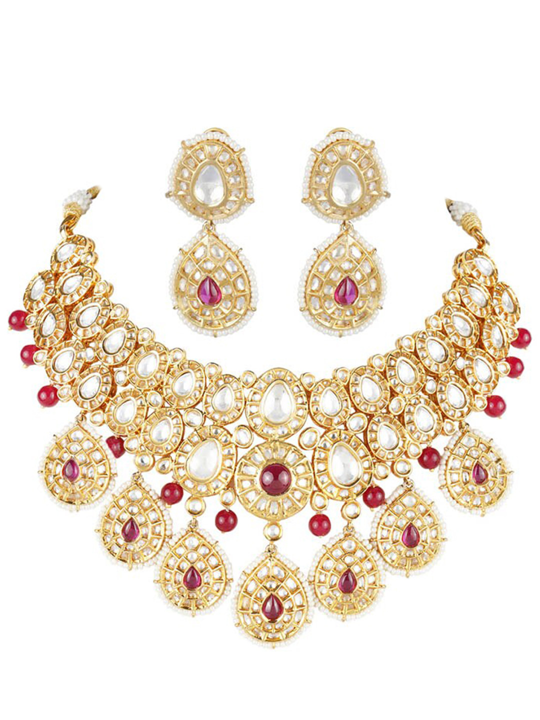 

AURAA TRENDS 22 KT Gold-Plated White & Red Kundan Studded Jewellery Set