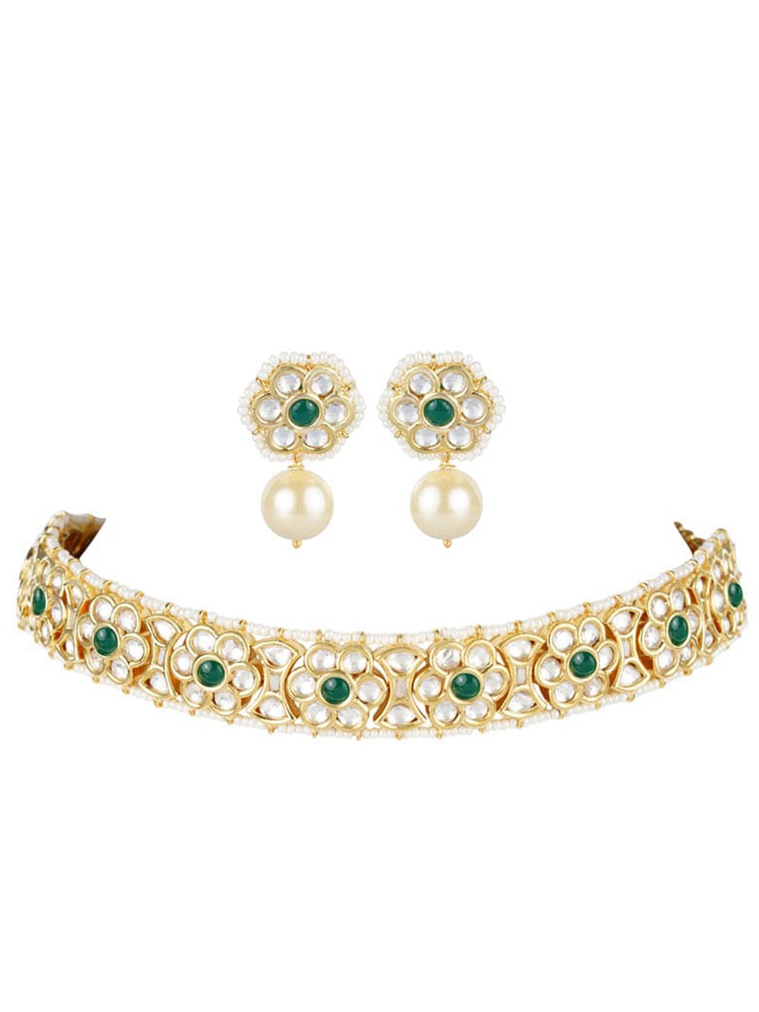 

AURAA TRENDS 22 KT Gold-Plated White & Green Kundan-Studded & Pearl Beaded Jewellery Set