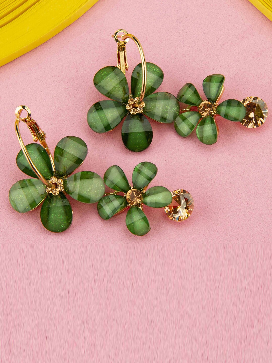 

Designs By Jewels Galaxy Green & Gold-Plated Floral Hoop Earrings