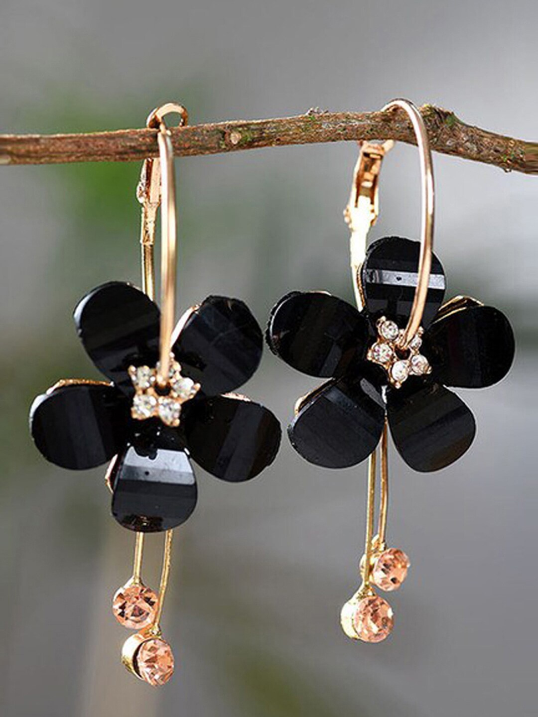 

Designs By Jewels Galaxy Black & Gold-Plated Floral Hoop Earrings