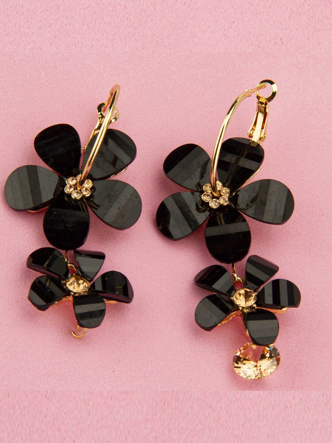 

Designs By Jewels Galaxy Black & Gold-Plated Floral Hoop Earrings