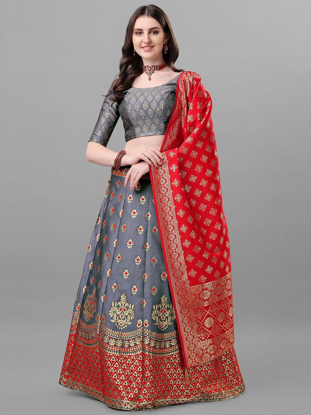 

Ethnic Yard Grey & Red Semi-Stitched Lehenga & Unstitched Blouse With Dupatta