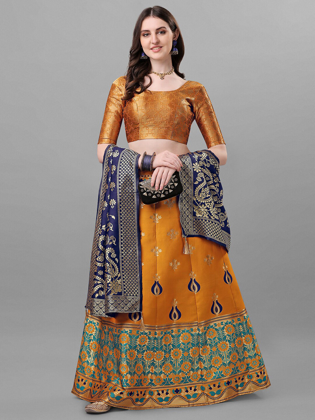 

Ethnic Yard Yellow & Blue Semi-Stitched Lehenga & Unstitched Blouse With Dupatta