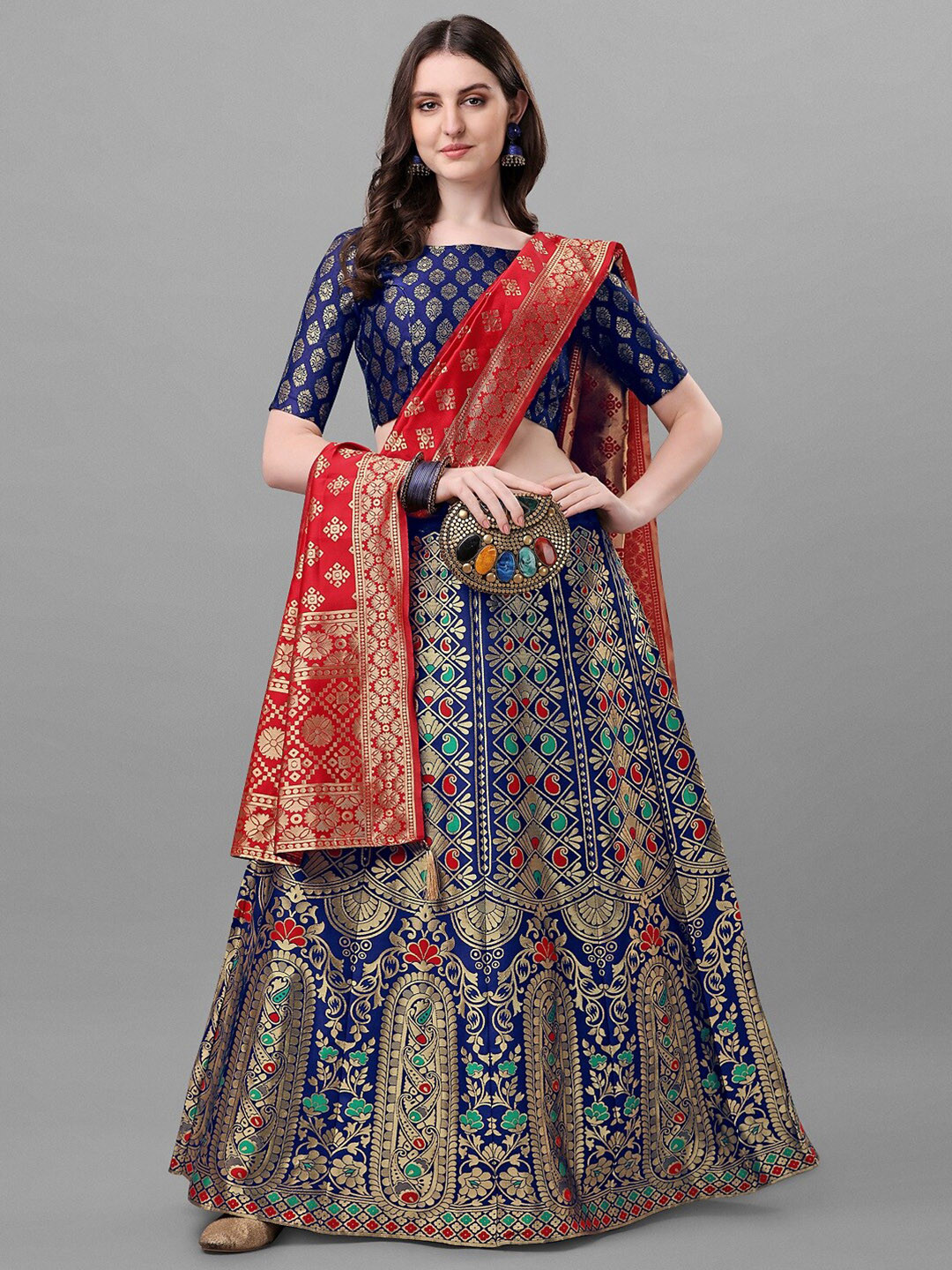

Ethnic Yard Blue & Red Semi-Stitched Lehenga & Unstitched Blouse With Dupatta