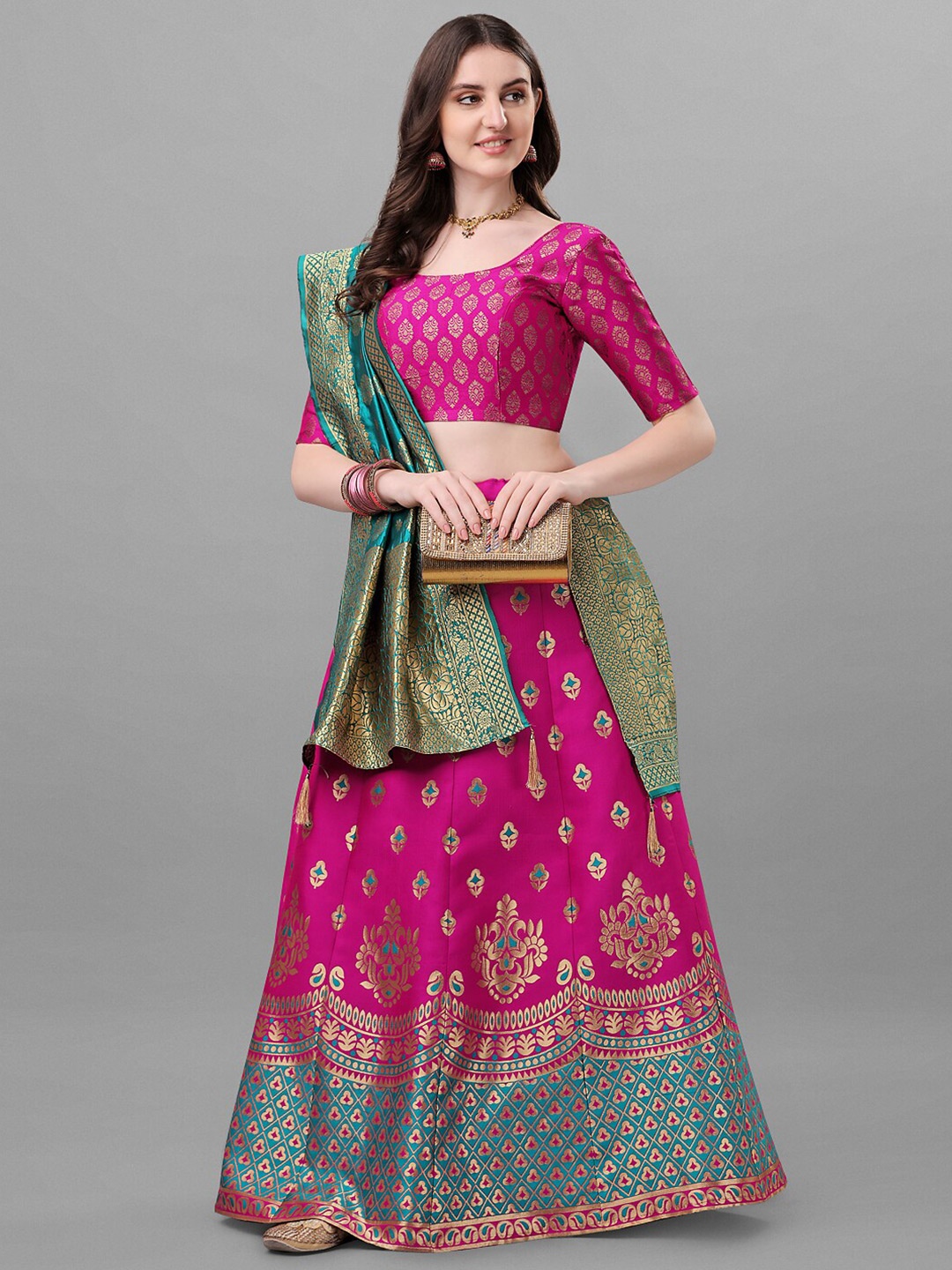

Ethnic Yard Pink & Green Semi-Stitched Lehenga & Unstitched Blouse With Dupatta