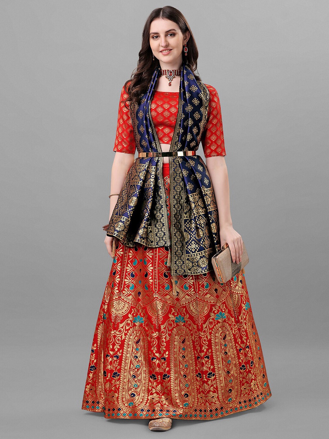 

Ethnic Yard Red & Blue Semi-Stitched Lehenga & Unstitched Blouse With Dupatta