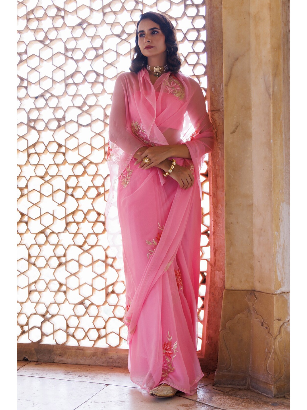 

Geroo Jaipur Hand Embroidered Aari Work Chiffon Saree, Pink