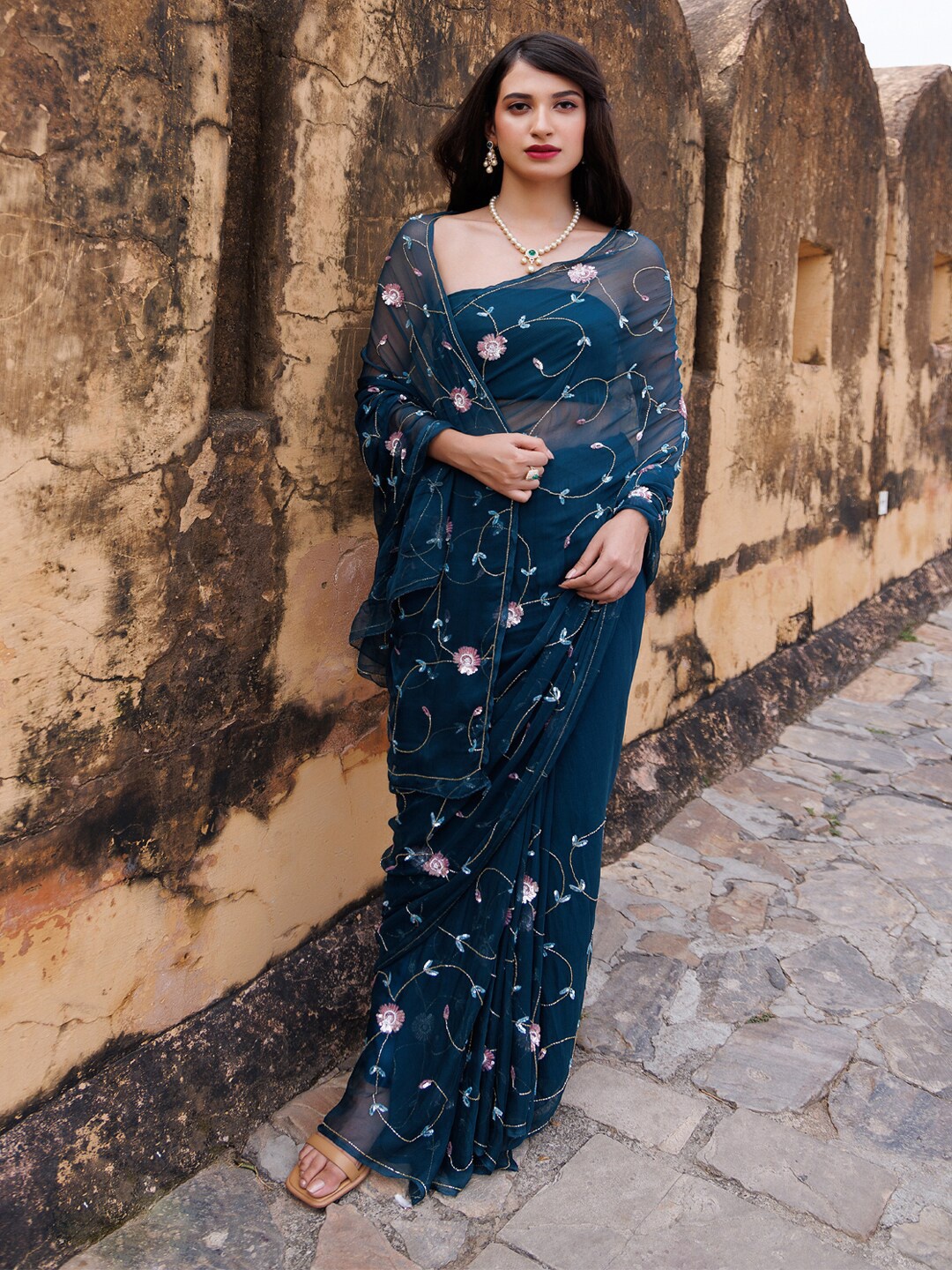 

Geroo Jaipur Hand Embroidered Sequins-Tube Jaal Chiffon Saree, Blue