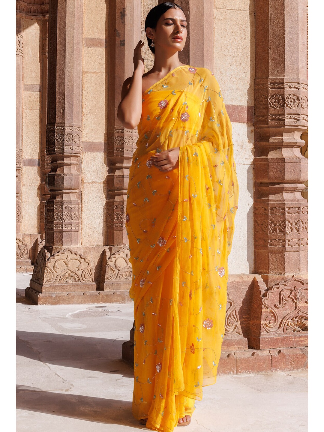 

Geroo Jaipur Floral Sequinned Embroidered Aari Work Chiffon Saree, Yellow