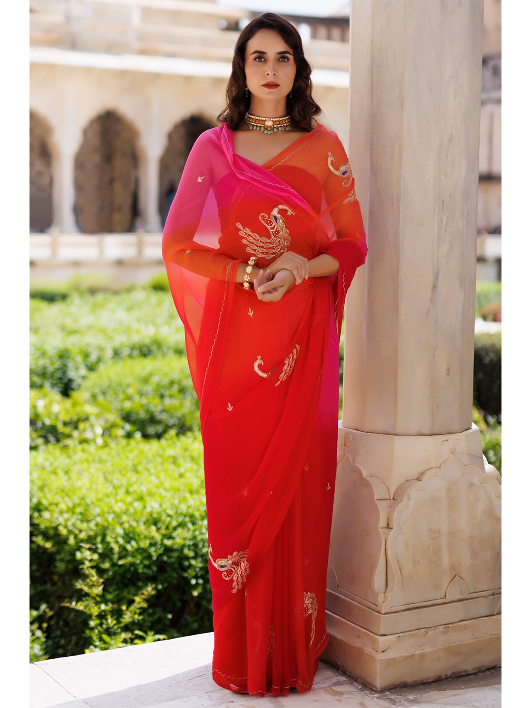 

Geroo Jaipur Hand Embroidered Chiffon Saree, Pink