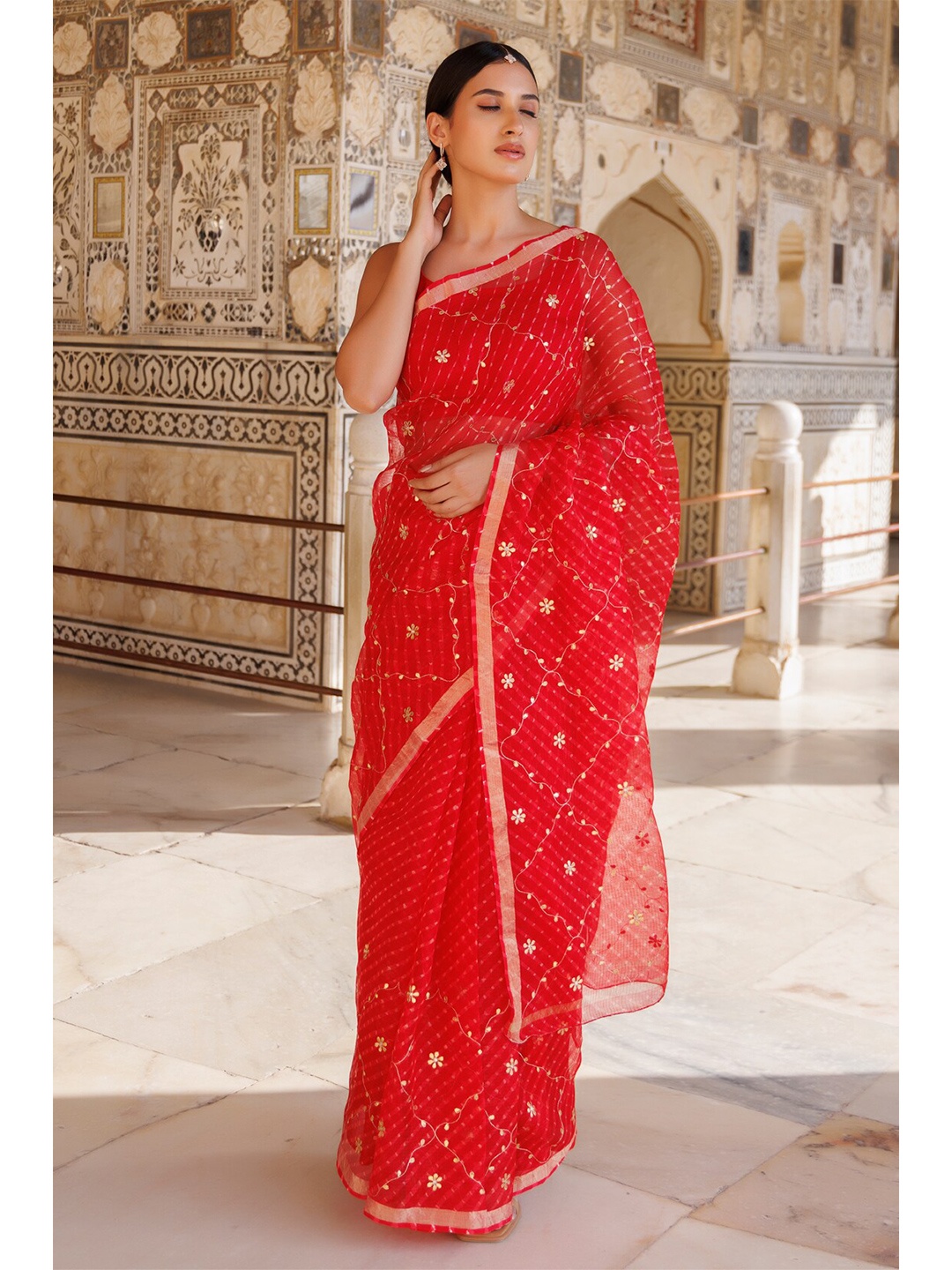 

Geroo Jaipur Handcrafted Gota Patti Pure Kota Silk Leheriya Saree, Red