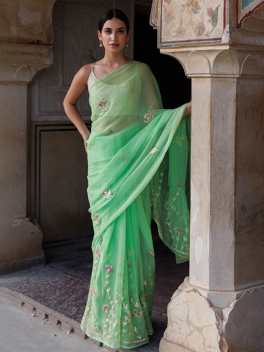 

Geroo Jaipur Handcrafted Gota Jaal Chiffon Saree, Green